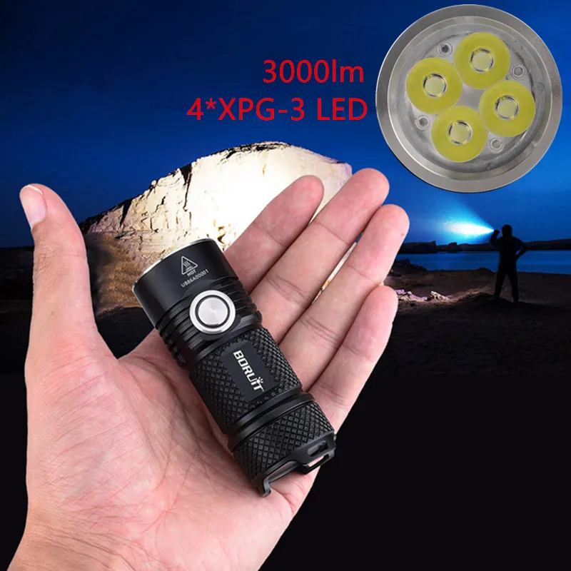 Мощный светодиодный фонарик BORUiT BC15 4 * XPG3 3000 лм USB зарядка 26350 6 режимный