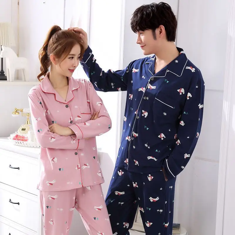 

Spring and autumn couple pajamas women's Korean cardigan cotton long sleeve thin casual cotton men's home suit summer
