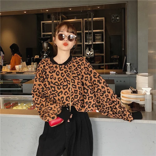 Causal Loose Leopard Casual Regular Basic All Match Street College Wind Thin Female Women Autumn Long Sleeve Sweatshirts | Женская