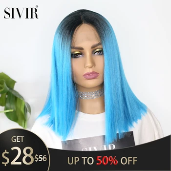 

Sivir Middle Part Synthetic Hair Lace Front Wigs High Temperature Fiber Yaki Straight Short Blue Bob Blunt Lace Wig Middle Part