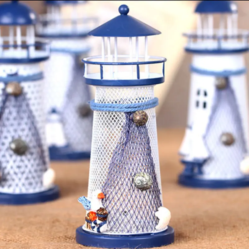 Mediterranean Style Iron Lighthouse Figurine Nostalgic Ocean Anchor Ornament Light for Teen Room Bedroom Desk Table Decoration