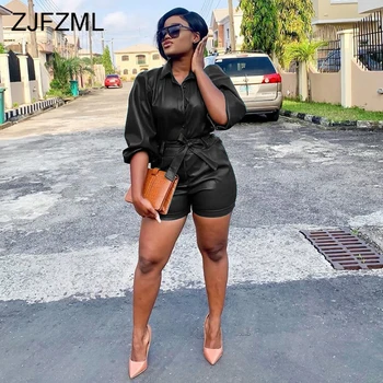 

Sexy PU Leather Two Piece Matching Sets Women V-Neck Long Sleeve Button Up Crop Top and Sashes Bodycon Shorts Clubwear Tracksuit