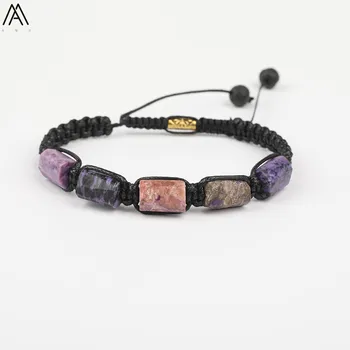 

Natural Purple Charoite Stone Nugget Beads Cord Knotted Adjustable Bracelet Women Stone Beads Woven Black Bracelet N0390AMI