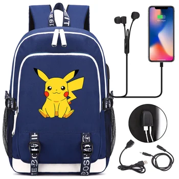 

New Hot Anime Squirtle Pikachu USB Headphone Jack Boy Girl School Bag Women Teenagers Canvas Men Laptop Backpack
