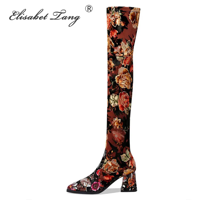 

Elisabet Tang Ethnic Printing Leather Slip On Stretch Over the Knee High Boots Casual Botas Mujer Chunky High Heels Women's Shoe
