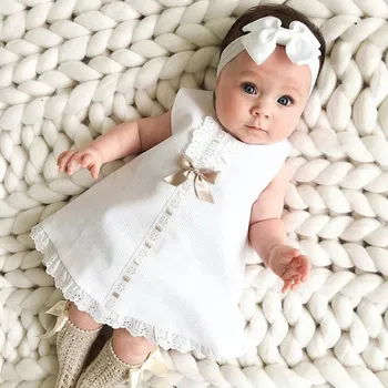 

Kids Baby Dresses Girl's Wear Round Collar Pure Clothes Color Lace Short Sleeve Dress Bow Scarf Suit Dresses