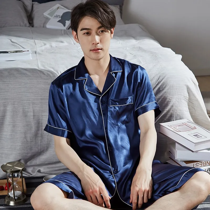 

Летняя пижама из 100% натурального шелка, Мужская одежда для сна, короткие пижамные костюмы, Мужская пижама с отложным воротником, платье для сна, домашняя одежда