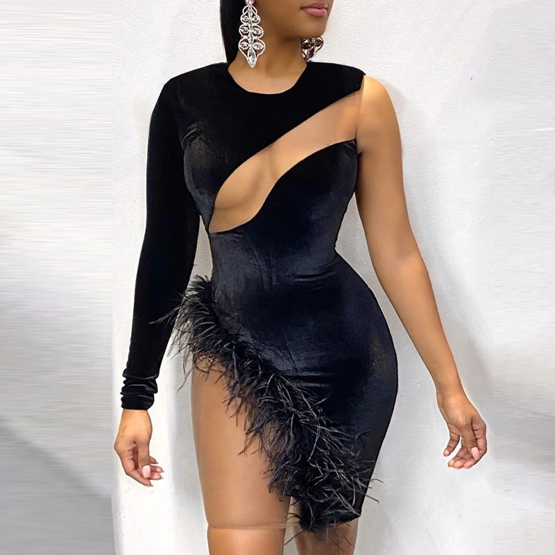 hirigin Sexy Sheer Mesh Patchwork Velvet Mini Dress Women One Long Shoulder Feather Night Club Short Bodycon Vestidos Robes | Женская