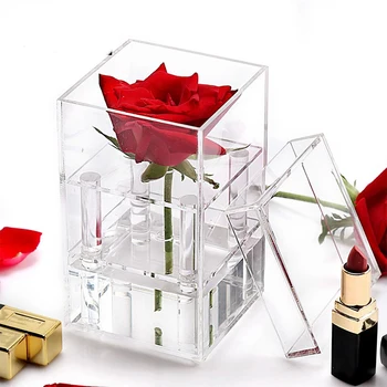 

Clear Acrylic Rose Flower Box Makeup Organizer Artificial Flower Bouquet Flower Gift Box Valentine'S Day Wedding Decor
