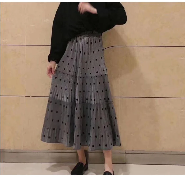 Женская бархатная длинная юбка с точками SURMIITRO, черный белый цвет плиссированная юбка с высокой талией с высокой талией в корейском стиле для женщин в осенне-зимний период