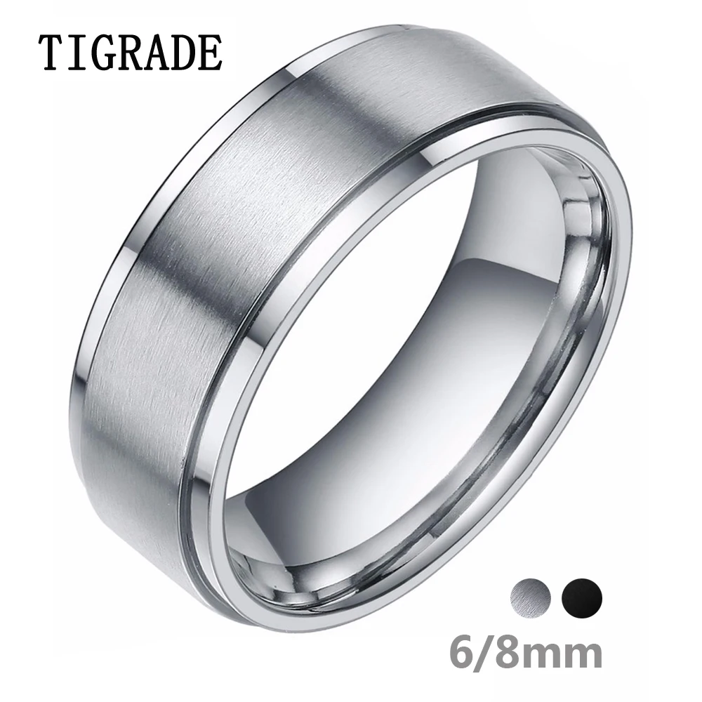 Tigrade 6/8mm Silver Tungsten Carbide Ring Men Black Brushed Wedding Band Male Engagement Rings For