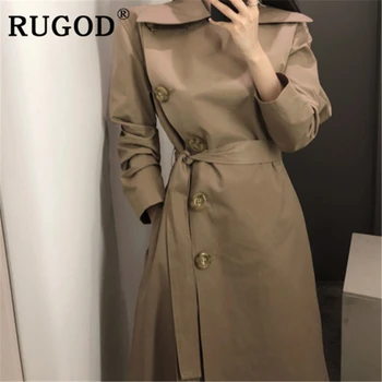

RUGOD 2019 new autumn solid trench for women turn down collar single button slim with belt long coat fashion femme elegant modis