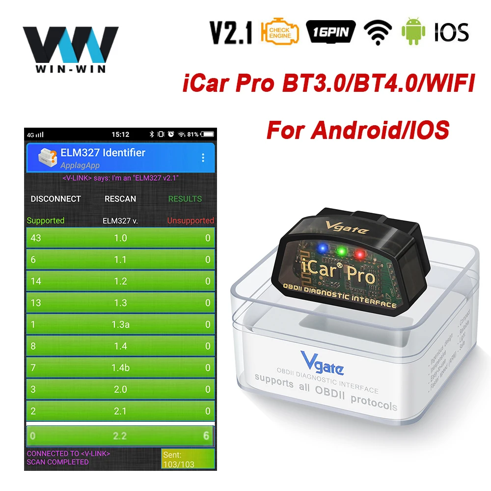 Диагностический сканер Vgate iCar Pro прибор для диагностики автомобиля ELM327 V2.2 OBD2