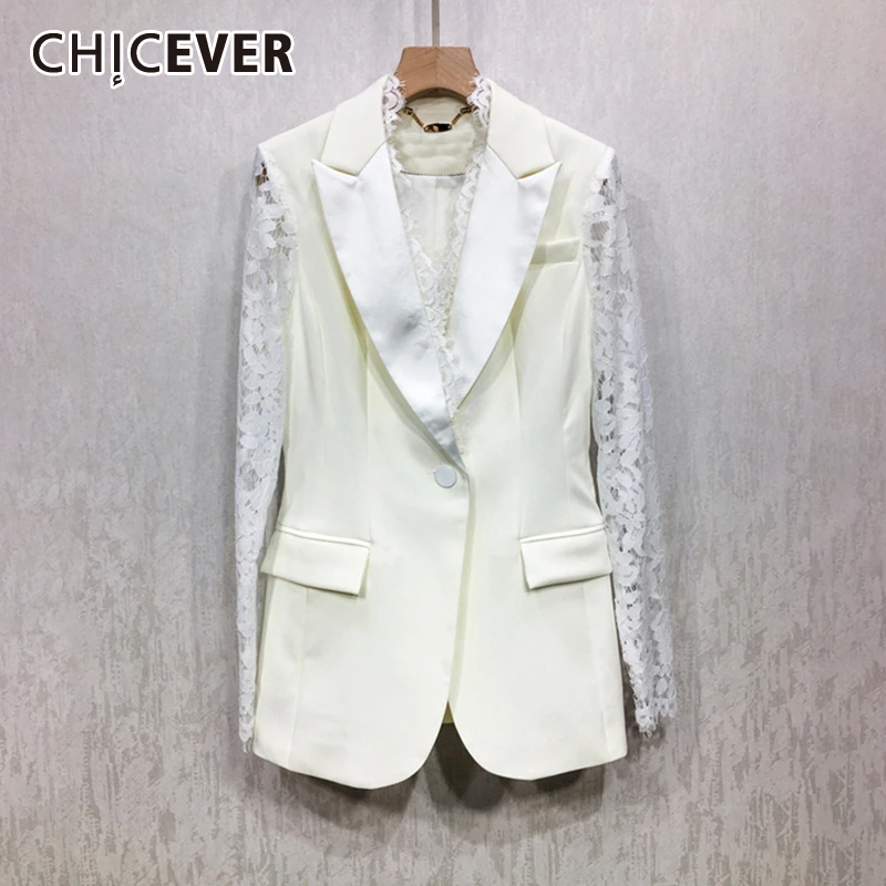 

CHICEVER OL Elegant White Patchwork Lace Women's Blazer Notched Collar Long Sleeve Loose Coat Female 2019 Autumn Fashion New