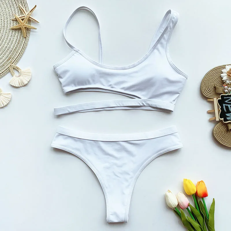 

INGAGA Cut Out Bikini 2020 High Waist Swimsuits Sexy Push Up Swimwear Women Solid Strap Biquini Bathers Women's Swimming Suit