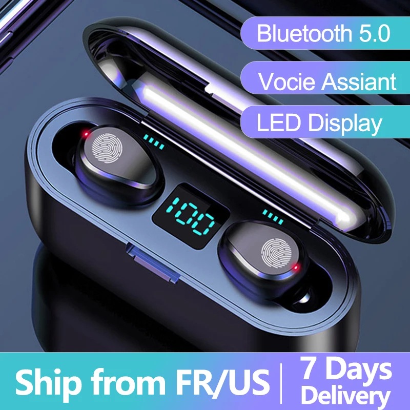F9 наушники вкладыши TWS с Беспроводной спортивные Bluetooth Hi Fi 2000 мА · ч зарядный чехол
