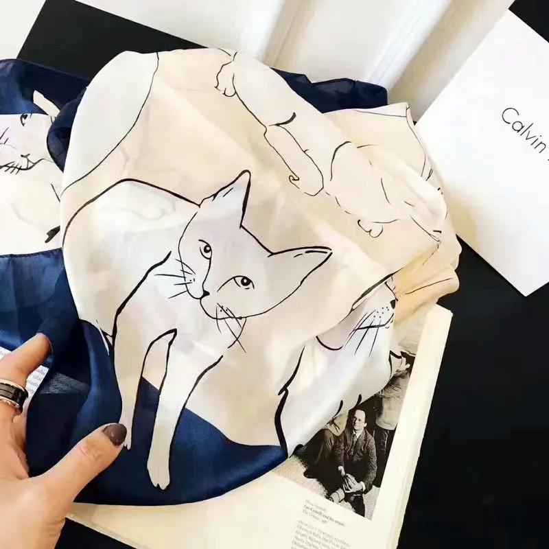 

New style China quality silk Autumn and winter women Lovely Printed Cat hijab Popular beach shawls female Party fashion scarves