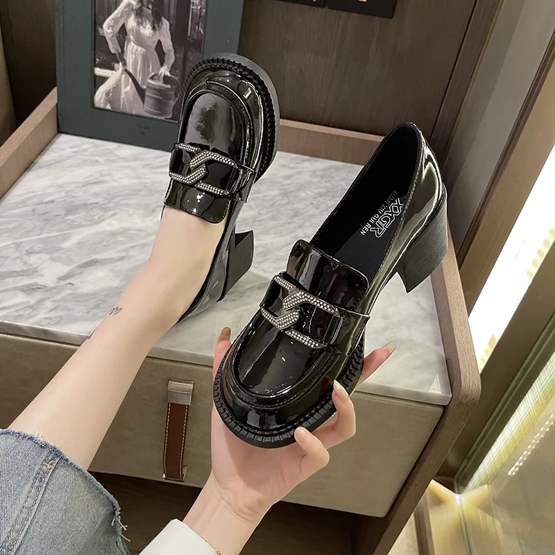 

2021 Round Toe Fashion Casual One With Women Shoes Spring/Autumn Bling Med (3cm-5cm) Loafers Breathable All-match Square Heel