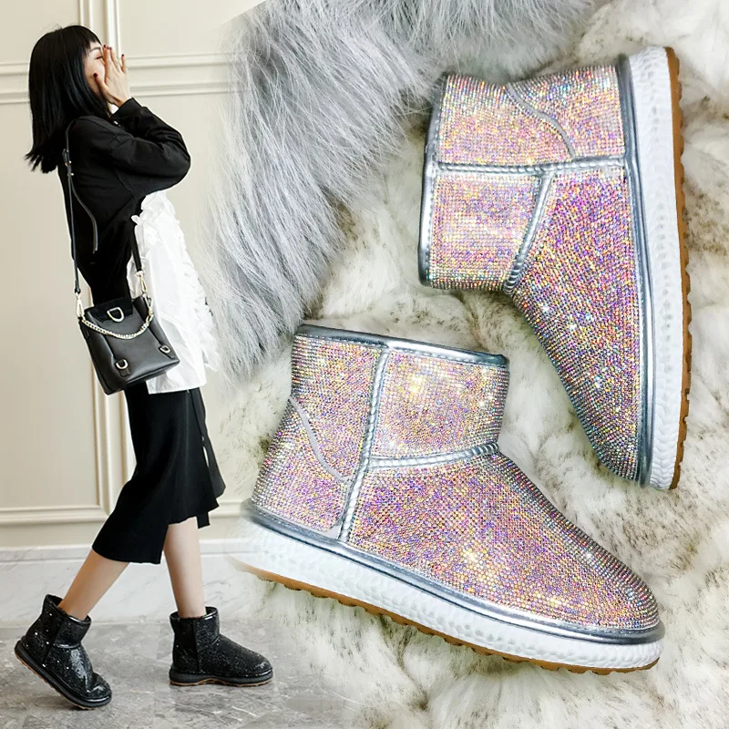LORFRCIN Winter Boots Bling Crystals Ankle Boots Rhinestones Women Fur shoes Fashion Handmade Warm Snow Boots Woman