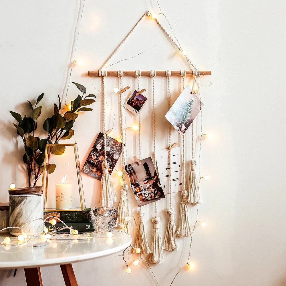 Macrame Woven Wall Hanging Boho Chic Bohemian Home Geometric Art Photos Tapestry Decor with Clips | Дом и сад