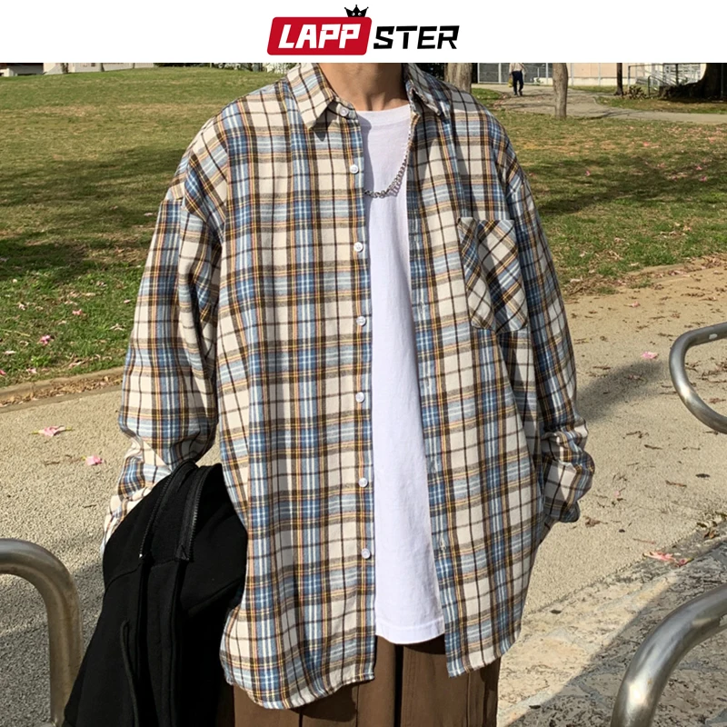 Vintage Shirts Button-Up Streetwear-Pockets Long-Sleeve Plaid Japanese LAPPSTER Mens Harajuku