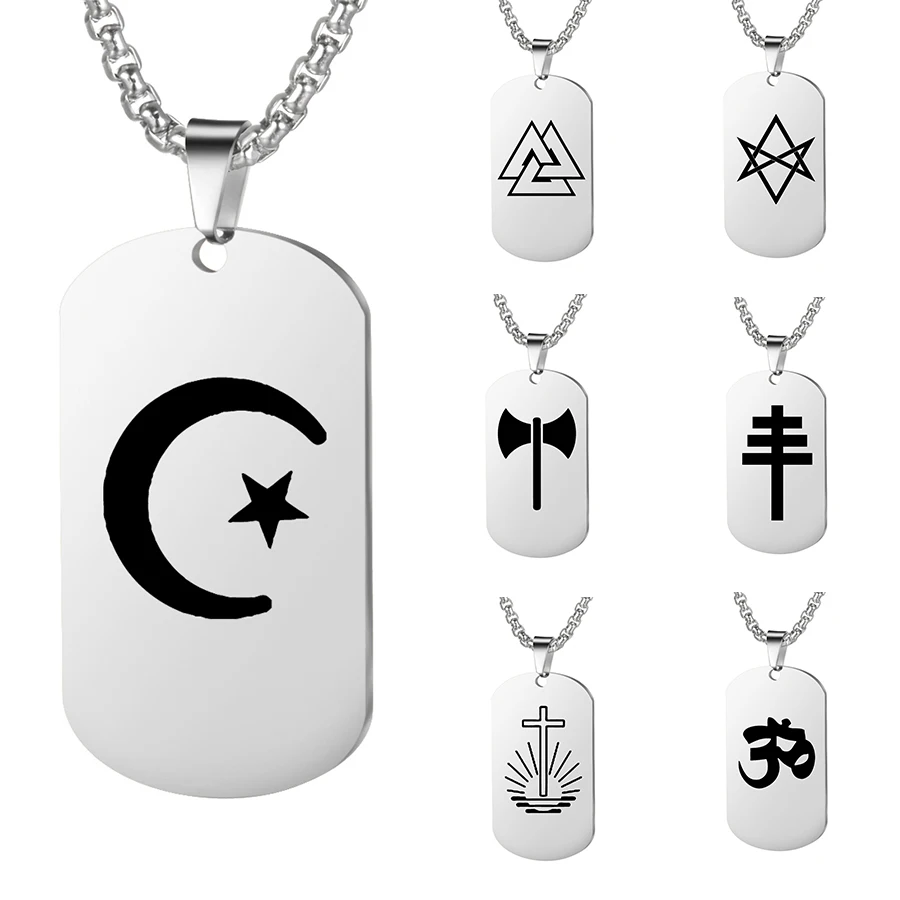 

Customized Religious Symbol Pendant Engraved Logo Name Stainless Steel Necklace Punk Jewelry Amulet Gift Personalized Photo