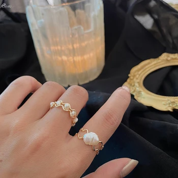 

AOMU 2020 New Chic Geometric Braided Natural Baroque Pearl Metal Open Rings for Women Gold Color Ring Jewelry
