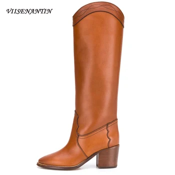 

Autumn Winter New Retro Style Yellow-brown Handmade Mid Calf Boots Fashion Slip-On Pointed Toe Women Boots Ladies Fashion