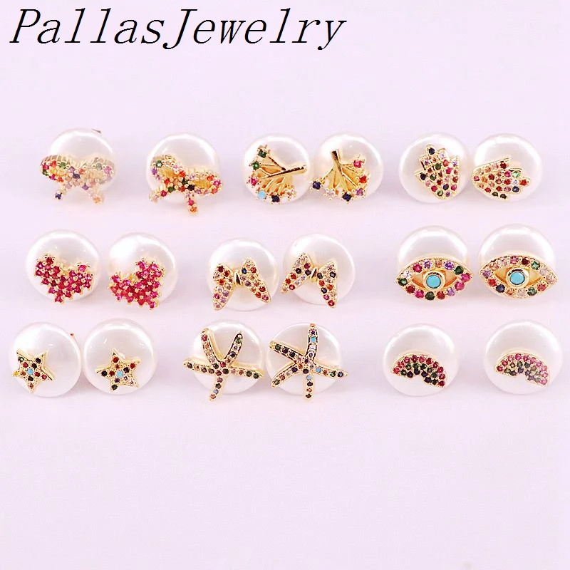 

10Pairs, Newest Trendy Gold Filled Nature Pearl Micro CZ Paved Round Charms Jewelry Stud Earrings For Women