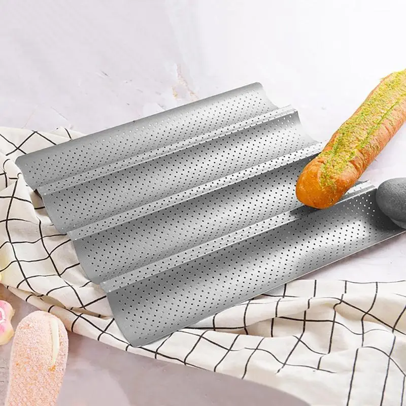 

Non-Stick Perforated French Bread Pan Baguette Mold for Baking 4 Loaves Wave Baker (Silver)