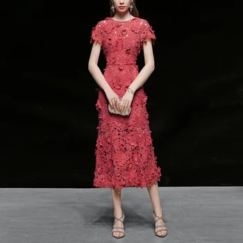 

Seifrmann Summer Fashion Runway Dress Ladies Lace Floral Appliques Red Wine Slim Was Thin Women Fishtail Midi Dresses Vestoidos