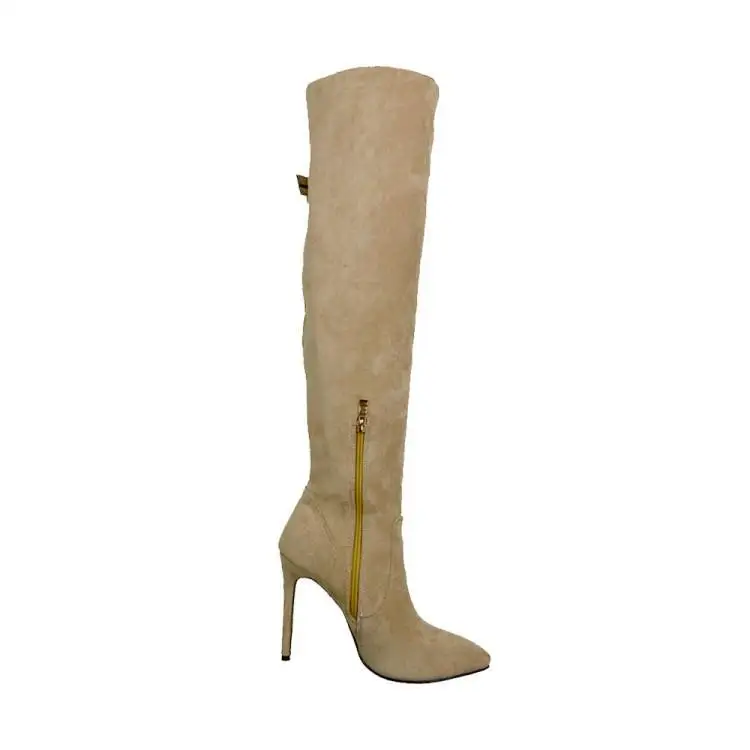Botines Mujer/ г. Высокие сапоги женские ботфорты из нубука на очень высоком каблуке(8 см), черные женские зимние сапоги с острым носком без шнуровки - Цвет: Бежевый