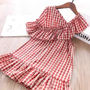 

2020 Summer New Children Baby Cotton Plaids Ruffles V-clollar Dresses , Girls Princess Sweet Clothes 5 Pieces/lot Wholesale