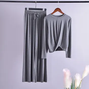 

Spring And Summer New Modal Round Neck Long Sleeve Wide Leg Pants Two-piece Casual Clothes Home Service Women 2020