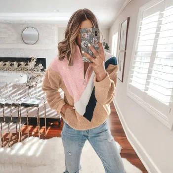 

Wontive Color Block Patchwork Sweatshirt Womens Flannel Fur Long Sleeve Sporting Pullovers Sweatshirt Fall Casual Top