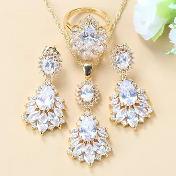 

Nice Yellow Gold Color Women Wedding Costume Big Jewelry sets Green Zircon White Crystal Necklace And Earrings Sets