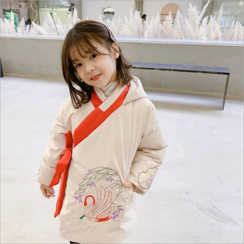 Детский пуховик новое зимнее пальто зимнее длинное пальто Hanfu в китайском стиле с вышивкой для девочек