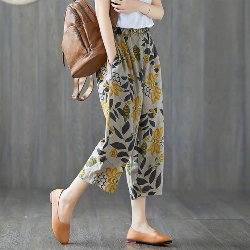 Women Summer Flax Cropped Pants Cotton 