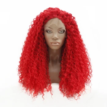 

Red Color Afro Kinky Curly Synthetic Fiber Wig 180% Density Heat Resistant Half Hand Tied Lace Front Wig Cosplay Party Wig