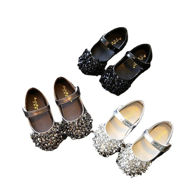 Girls Leather Shoes Fashion Sequins Bling Kids Princess Shoes Solid Color Spring Little Girl Silver Black