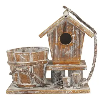 

Wooden Crafts Outdoor Flowerpot Bird House Shaped Flower Holder Creative Planter Light Brown