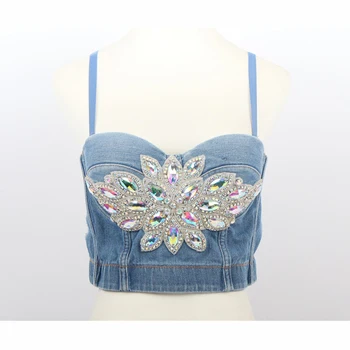 

Summer 2020 New Women's Retro Denim Blue Short Sleeveless Top Fashion Corset Adjustable Bra Club Party Top