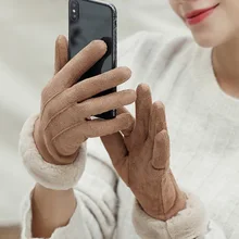 Женские зимние перчатки с сенсорным экраном, женские замшевые меховые теплые перчатки с полным пальцем, женские зимние перчатки для спорта на открытом воздухе, женские перчатки для вождения