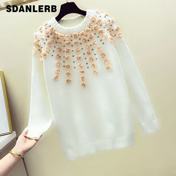 

Beaded Flower Sweater Women Fall Winter Loose Sweater Jumper Ladies Pullovers