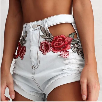 

2020 NEW Applique Embroidered High Waist Denim Shorts Women's Hole Flanging Frayed Jeans Casual Summer Sexy Shorts