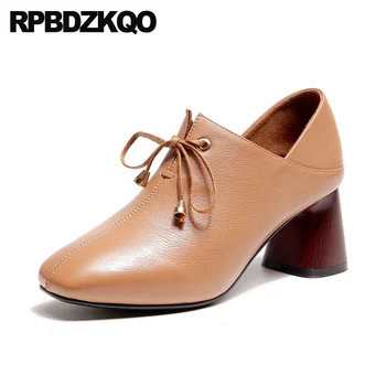 

genuine leather luxury block square toe pumps size 4 34 european designer shoes china chunky medium heels high 2019 zipper women