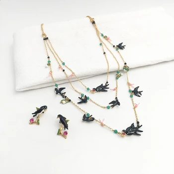 

fashionable sweet temperament enamel swallow multilayer necklace stud earrings female A1 - X4 personality the swallow