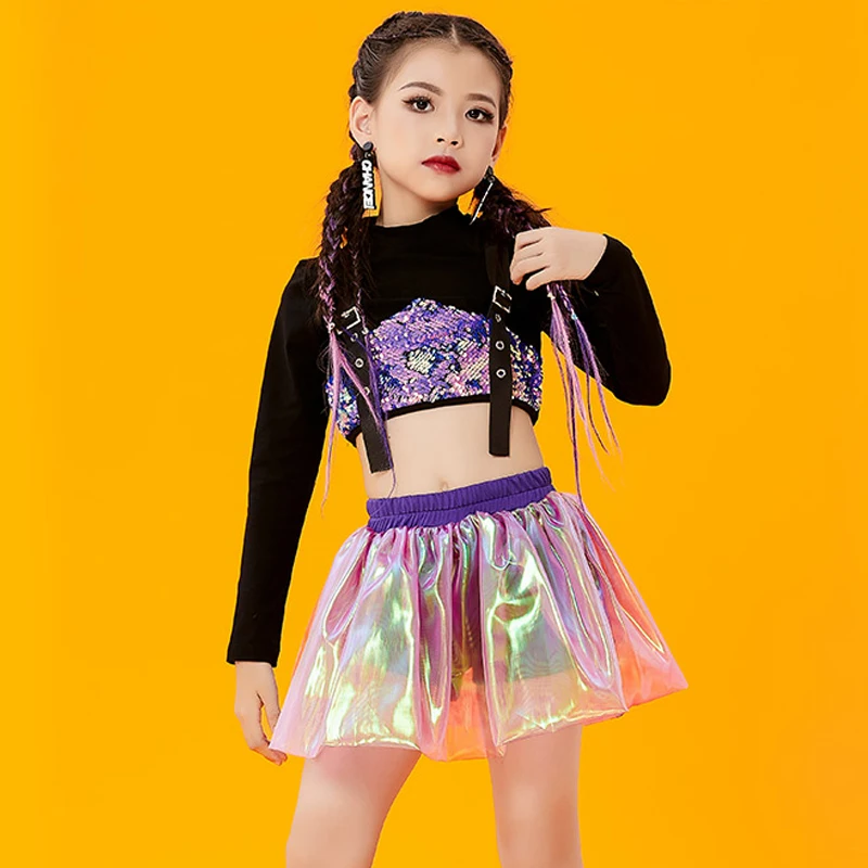 Jazz Dance Costume Kids Girls Crop Tops Skirt Long Sleeves Sequin