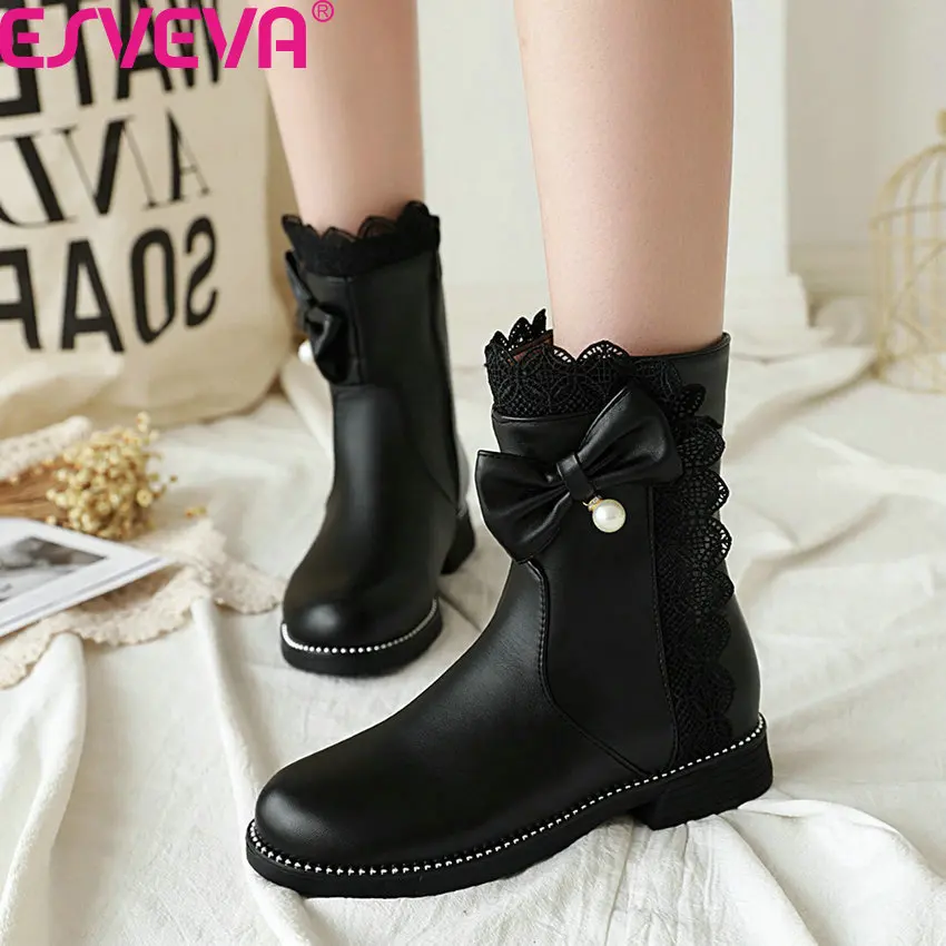 

ESVEVA 2020 PU Leather Round Toe Square Heel Zipper Ankle Boots Sweet Butterfly-Knot Lace Autumn Winter Women Shoes Size34-39