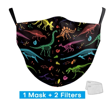 

Colorful Cute Dinosaur Cartoon Print Mask Kid Reusable Adjustable Face Mask Child Protection PM2.5 Mouth Mask With 2 Free Filter